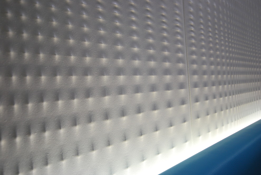 Inspiration for a mid-sized modern white tile and porcelain tile porcelain tile powder room remodel in Brisbane with blue walls