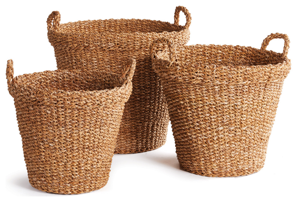 Seagrass Tapered Baskets With Handles And Cuffs, Set of 3, 18.5x18.5x18