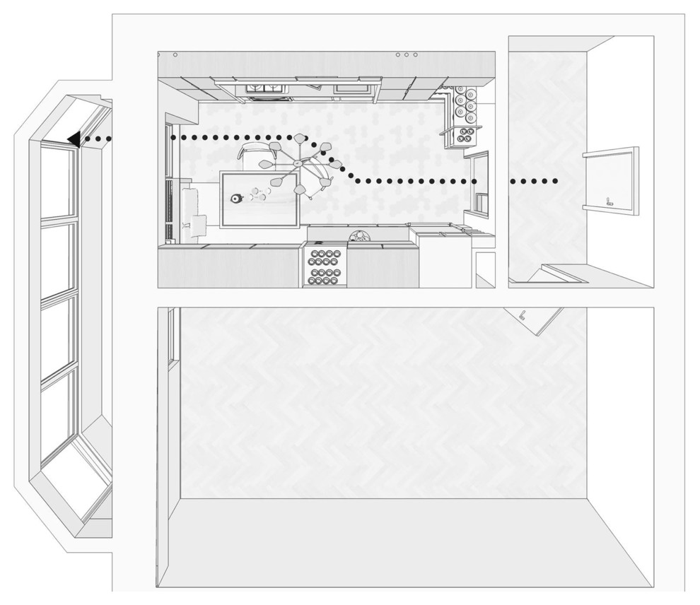 Mid-sized minimalist galley ceramic tile enclosed kitchen photo with a single-bowl sink, beaded inset cabinets, dark wood cabinets, concrete countertops, blue backsplash, ceramic backsplash, black appliances and no island