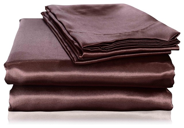 Honeymoon Luxurious Satin 4-Piece Bed Sheet Set, Full, Chocolate