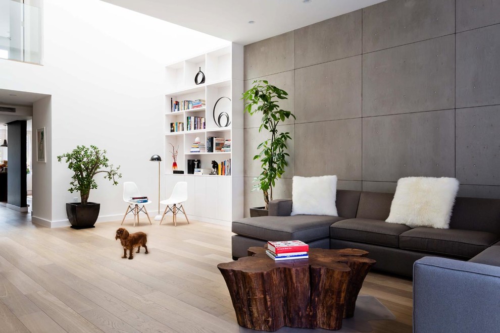 This is an example of a mid-sized modern formal open concept living room in New York with light hardwood floors, grey walls and no tv.