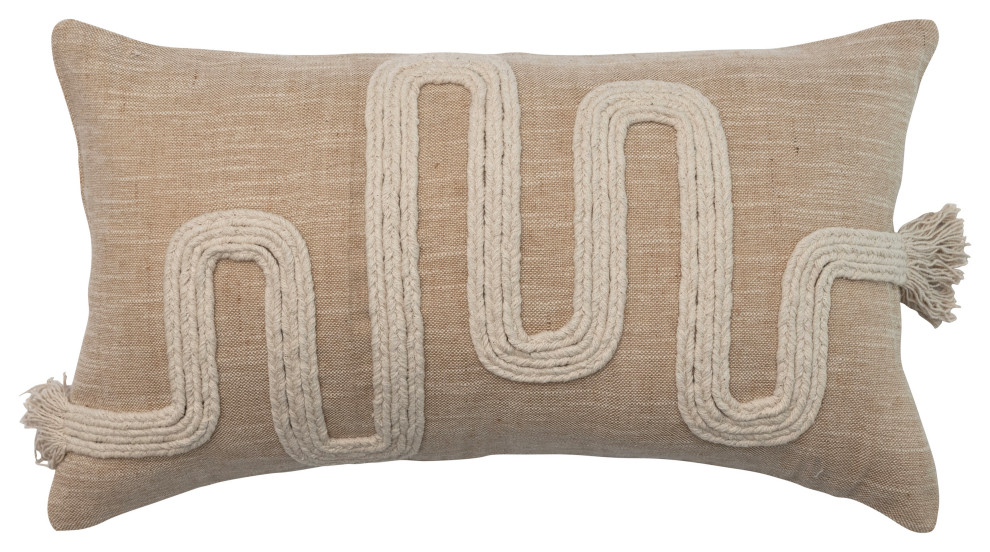 Cotton and Jute Lumbar Pillow with Embroidery and Fringe, Natural