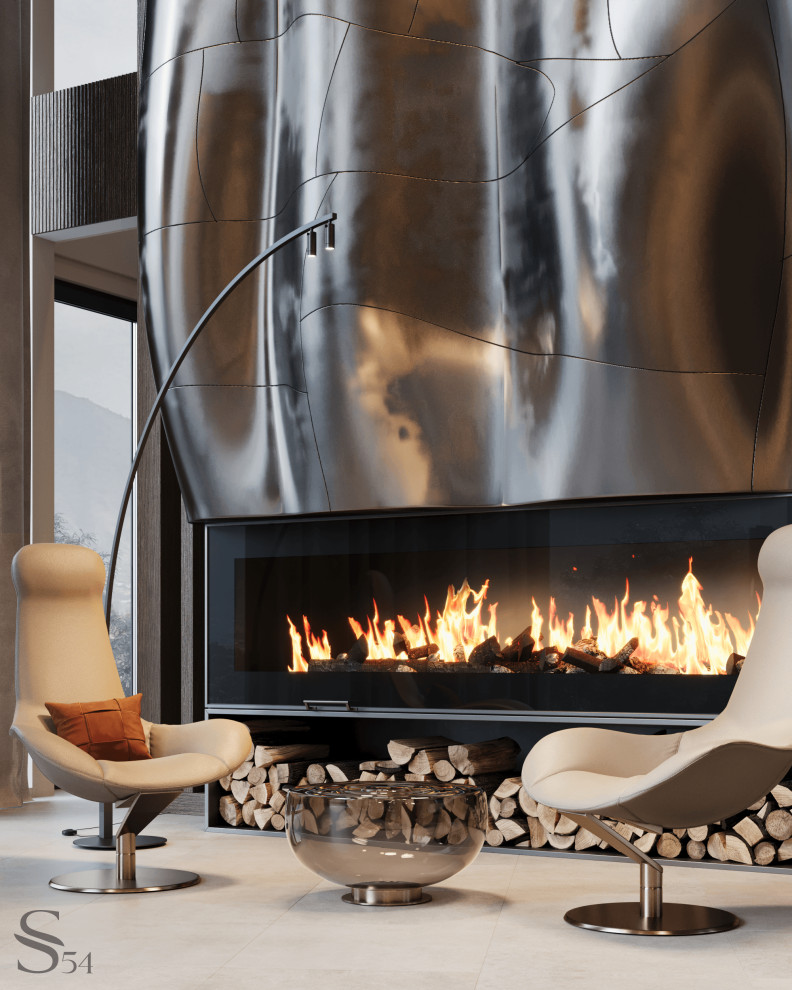 Интерьер гостиной с камином