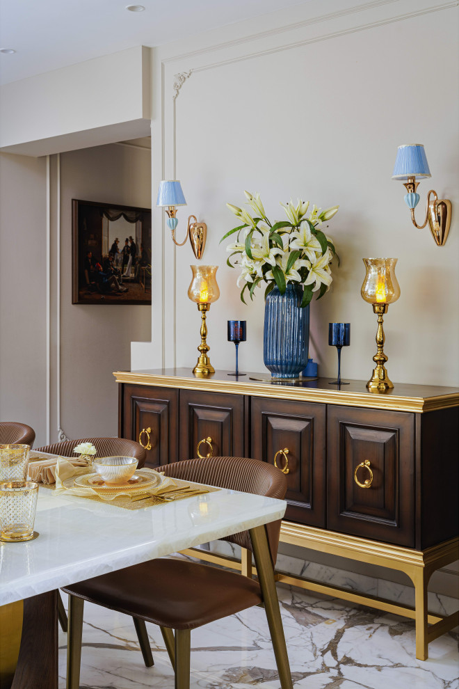 This is an example of a large midcentury open plan dining in Mumbai with beige walls, marble floors, no fireplace, white floor and panelled walls.