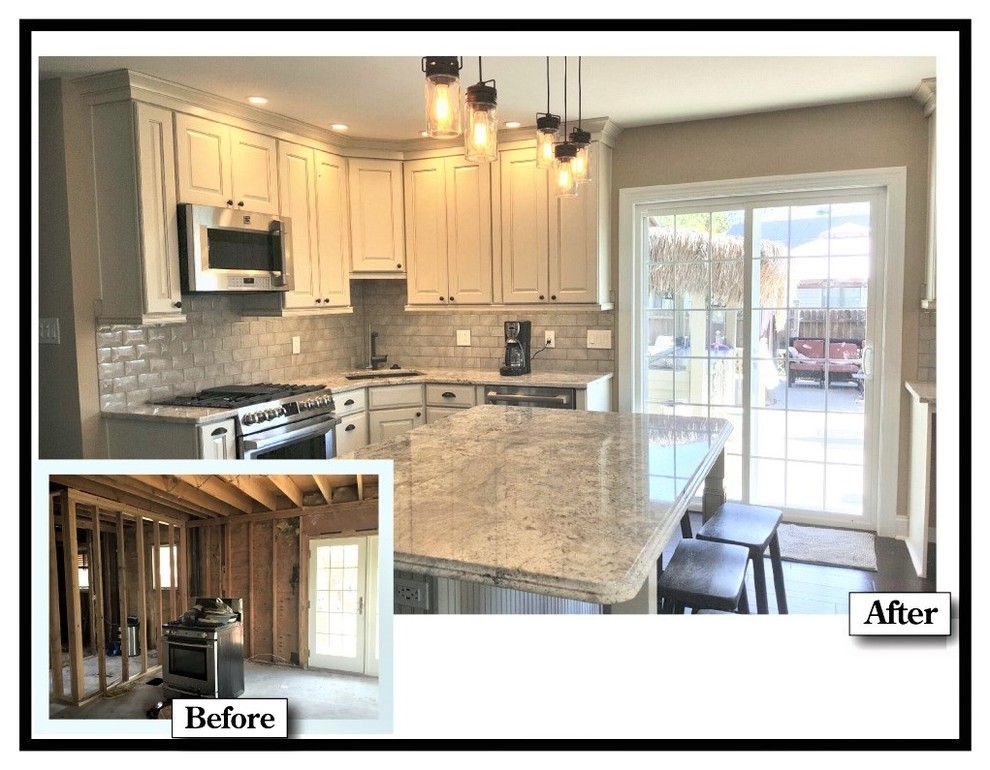 Example of a large transitional l-shaped dark wood floor and brown floor eat-in kitchen design in Atlanta with an undermount sink, raised-panel cabinets, beige cabinets, quartz countertops, beige backsplash, glass tile backsplash, stainless steel appliances, an island and multicolored countertops