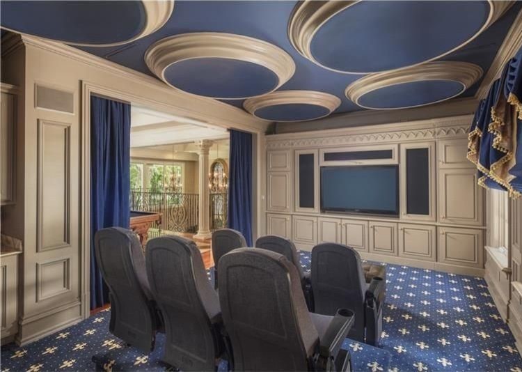 This is an example of an expansive traditional open concept home theatre in Orlando with blue walls, carpet and a built-in media wall.