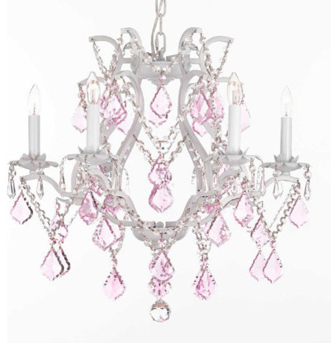 White Wrought Iron Crystal Chandelier With Pink Crystal