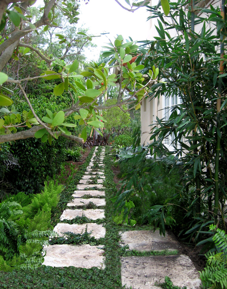 This is an example of a mid-sized traditional side yard garden in Miami with natural stone pavers.