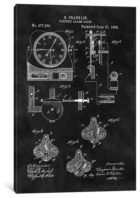 "Electric Alarm Clock Patent Sketch, Chalkboard" Wrapped Canvas Print, 18x12x1.5