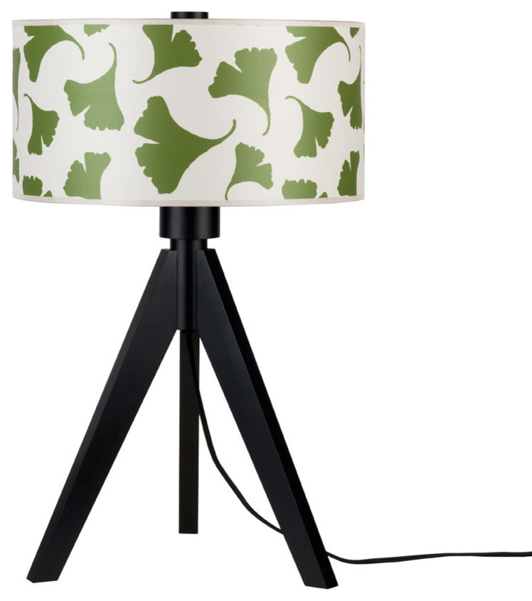 Woody Table Lamp -Wood Black Base, Green Ginko Leaf