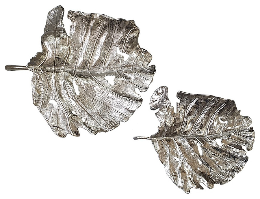 Set of 2 Shiny Silver Leaves Wall Art Tropical Metal Wall Art by