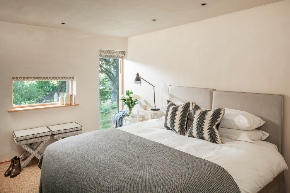 Идея дизайна: гостевая спальня среднего размера, (комната для гостей) в стиле рустика с бежевыми стенами, ковровым покрытием и коричневым полом