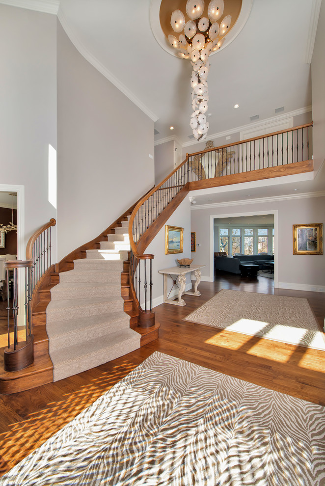 This is an example of a mid-sized traditional carpeted curved staircase in Chicago with carpet risers and wood railing.