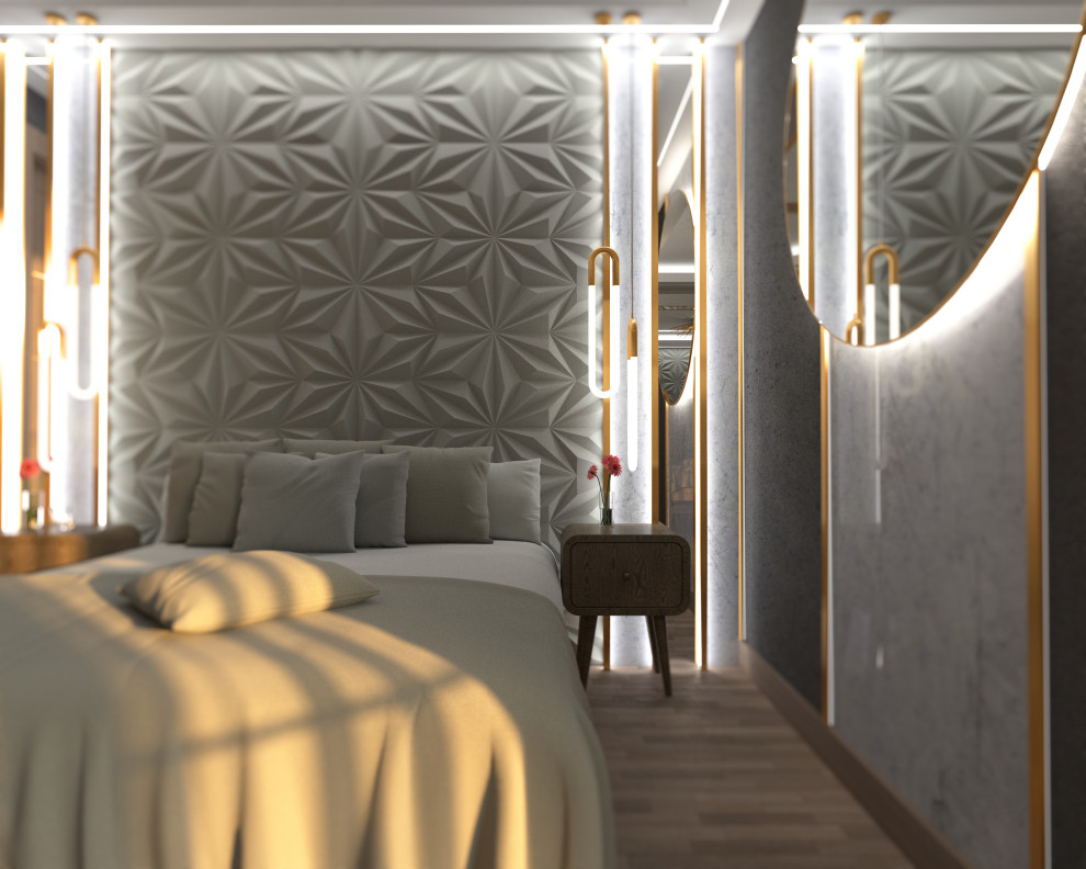 Imagen de dormitorio actual con paredes multicolor y suelo de madera clara