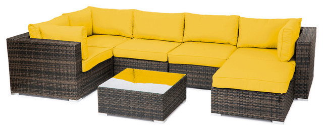 Reef Rattan London 7 Pc Sectional Sofa Set - Chocolate Rattan / Yellow
