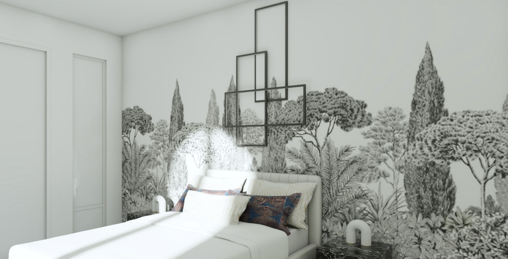 Imagen de dormitorio principal clásico renovado de tamaño medio sin chimenea con paredes blancas, suelo de madera clara, suelo blanco y papel pintado