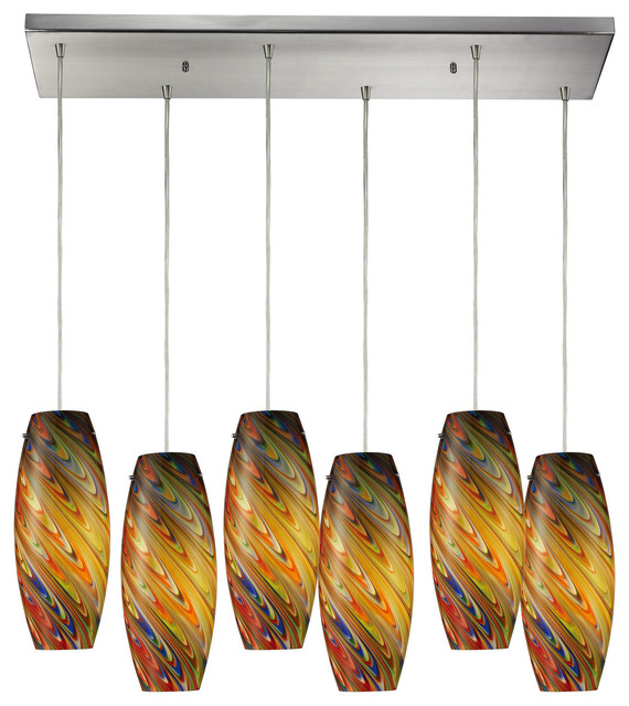 Vortex 6-Light Pendant, Satin Nickel and Rainbow Glass