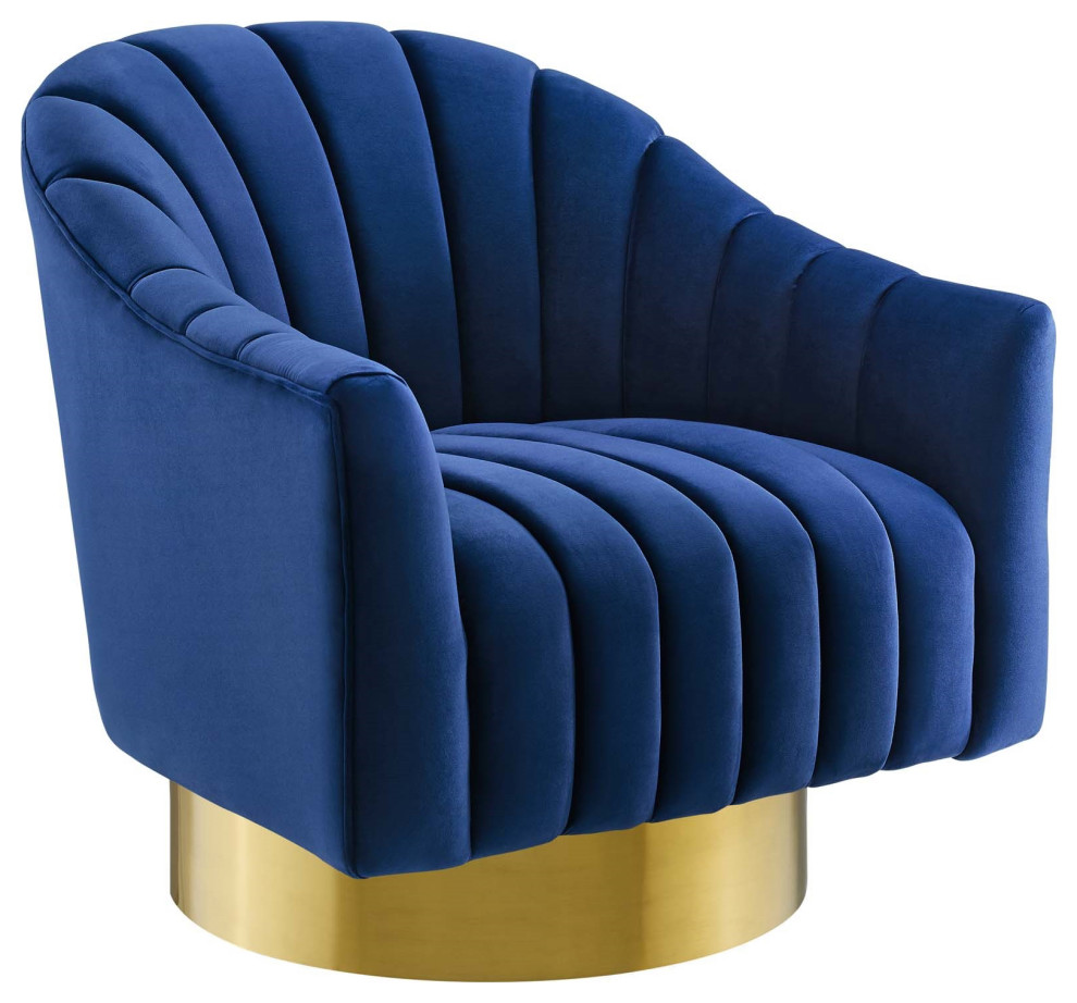 Fan Armchair, Velvet Accent Chair, Gold Glam Luxe Chic Club Chair Arm Chair, Blu