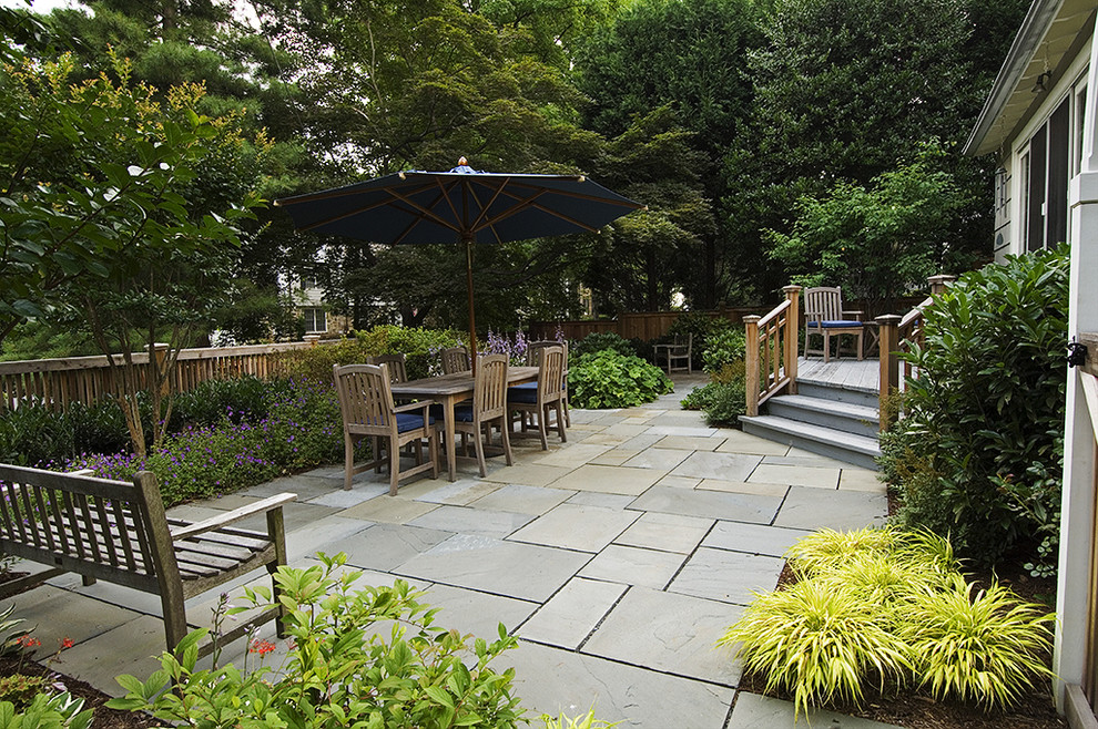 Design ideas for a small traditional backyard patio in DC Metro with no cover and natural stone pavers.
