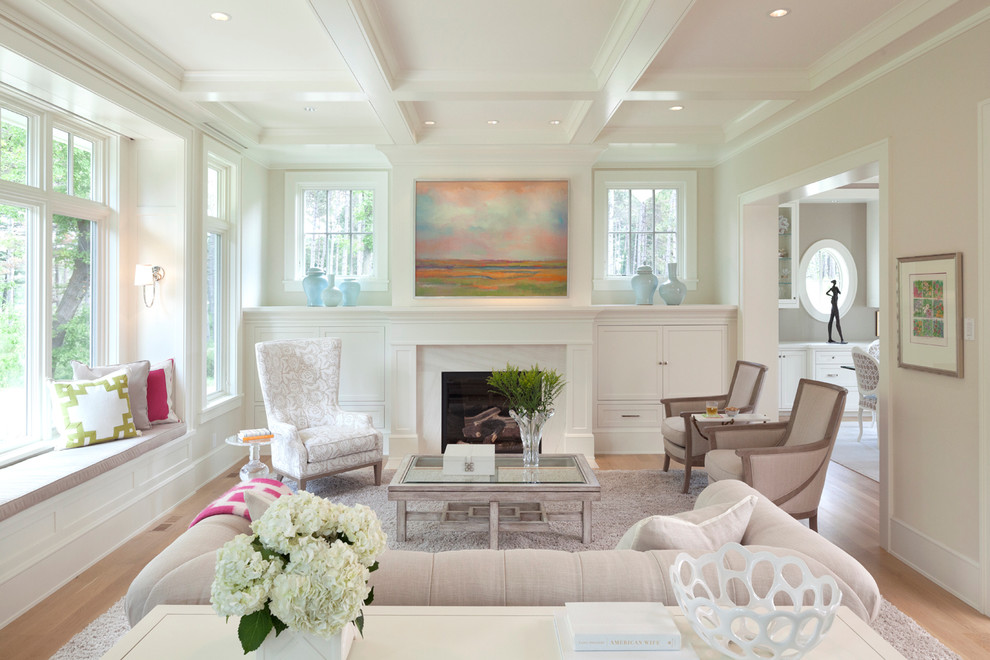 Living room - traditional enclosed and formal light wood floor living room idea in Minneapolis with beige walls, a standard fireplace and a tile fireplace