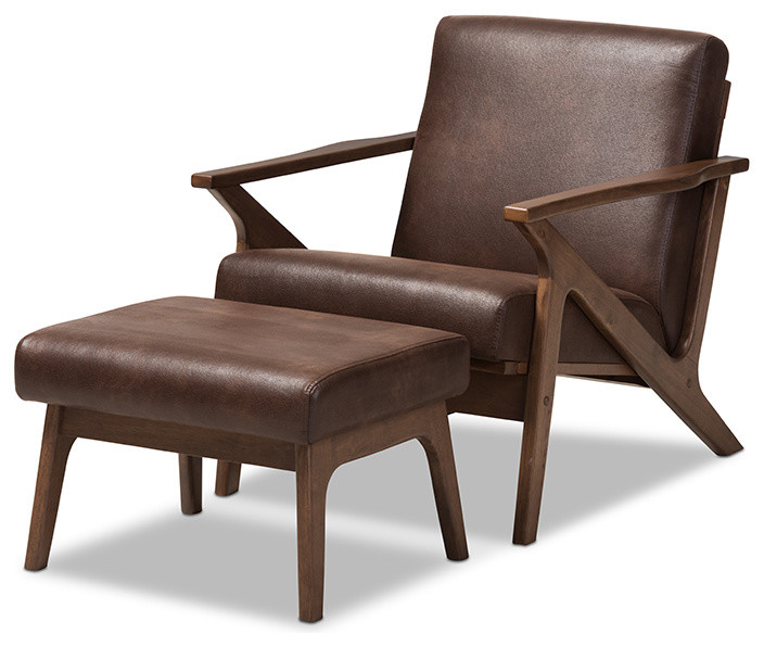 Bianca Walnut Dark Brown Distressed Faux Leather Lounge Chair and Ottoman Set