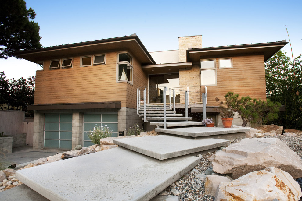 Modern exterior in Los Angeles with wood siding.