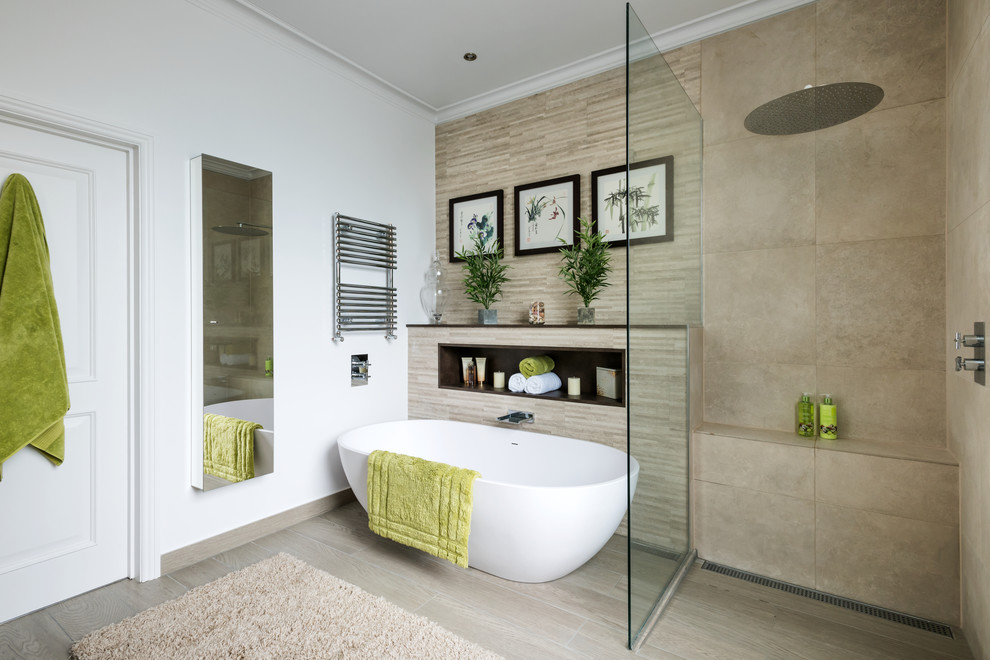 Design ideas for a contemporary bathroom in London with a freestanding tub, a corner shower, white walls and an open shower.