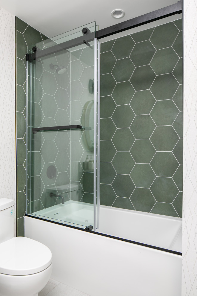 This is an example of a mid-sized contemporary 3/4 bathroom in Orange County with flat-panel cabinets, brown cabinets, green tile, porcelain tile, white walls, porcelain floors, an undermount sink, engineered quartz benchtops, grey floor, a hinged shower door, grey benchtops, a shower seat, a single vanity and a freestanding vanity.