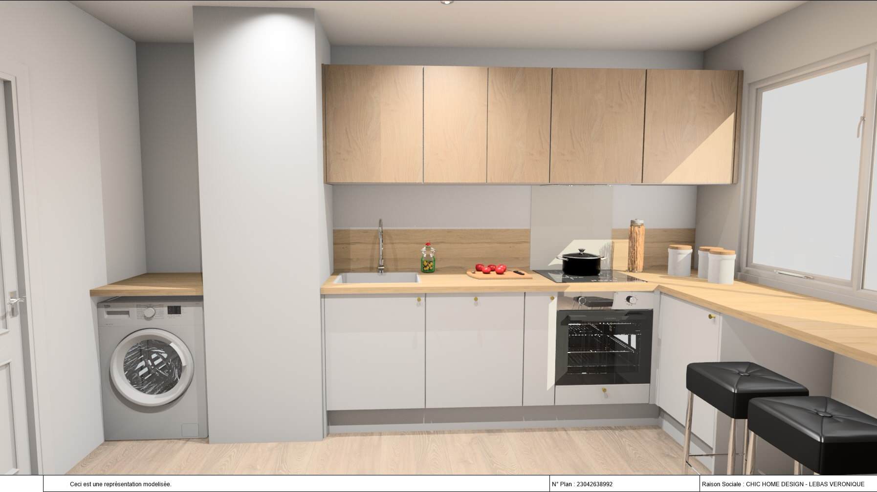 Simulation 3D de la cuisine (en blanc et chêne)