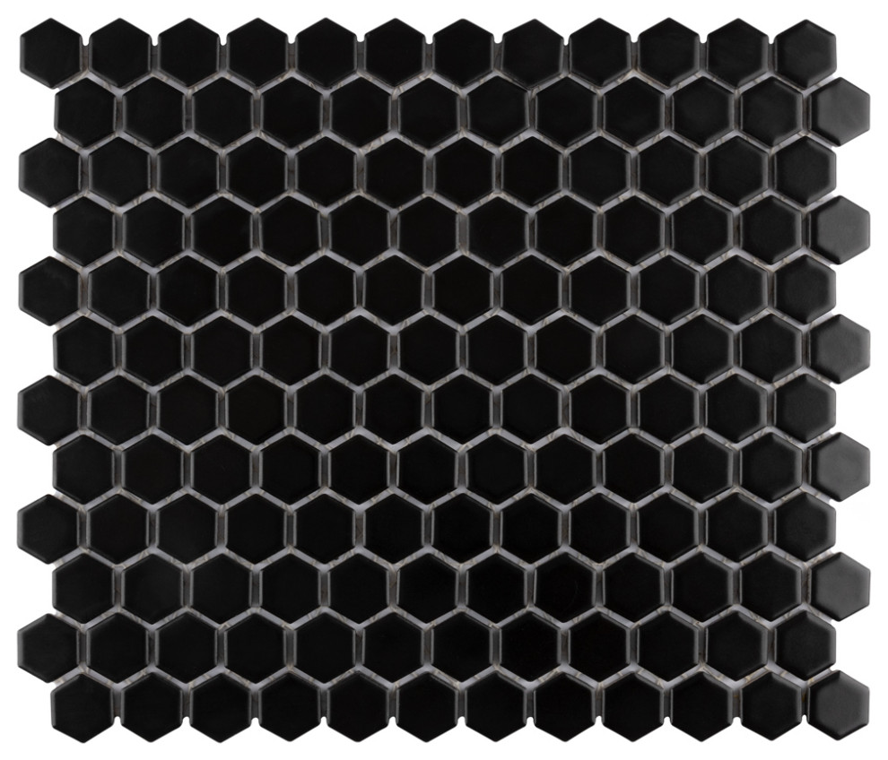 Metro Hex Porcelain Mosaic Floor and Wall Tile, Matte Black
