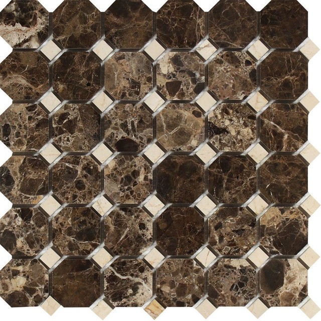 12"x12" Emperador Dark Polished Marble Octagon Mosaic, C. Marfil Dots, Set of 50