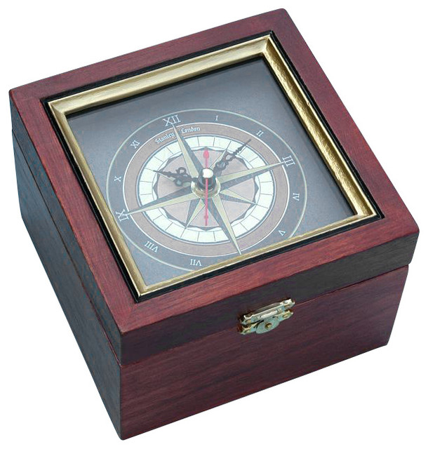 Nautical Compass Rose Clock in Wooden Box Beach Style Desk And