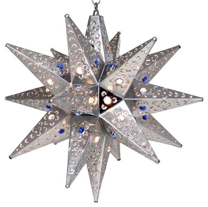 Moravian Star Light, Flower Pierced Tin, Silver with Marbles, 18 ...
