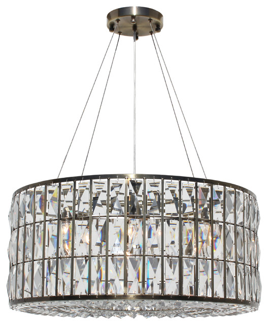 The Monroe Round Clear Crystal, Crystal Drum Chandelier Antique Brass