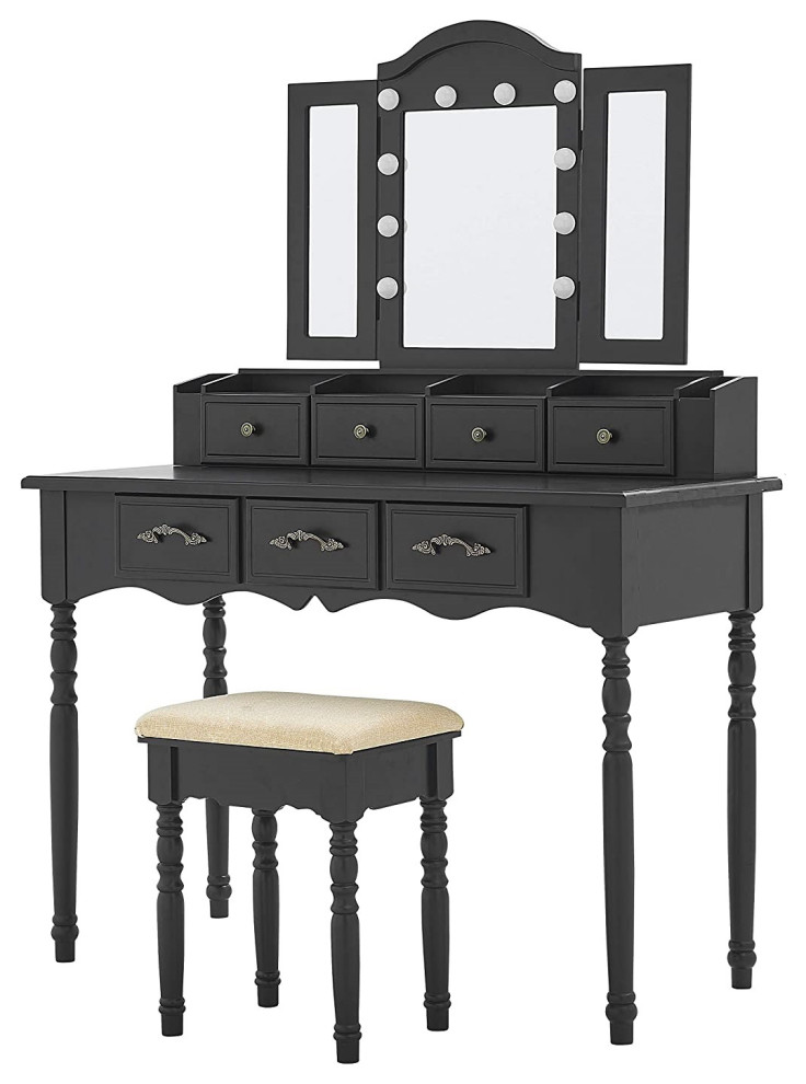 Contemporary Vanity Set With Foldable, Black Vanity Table With Drawers