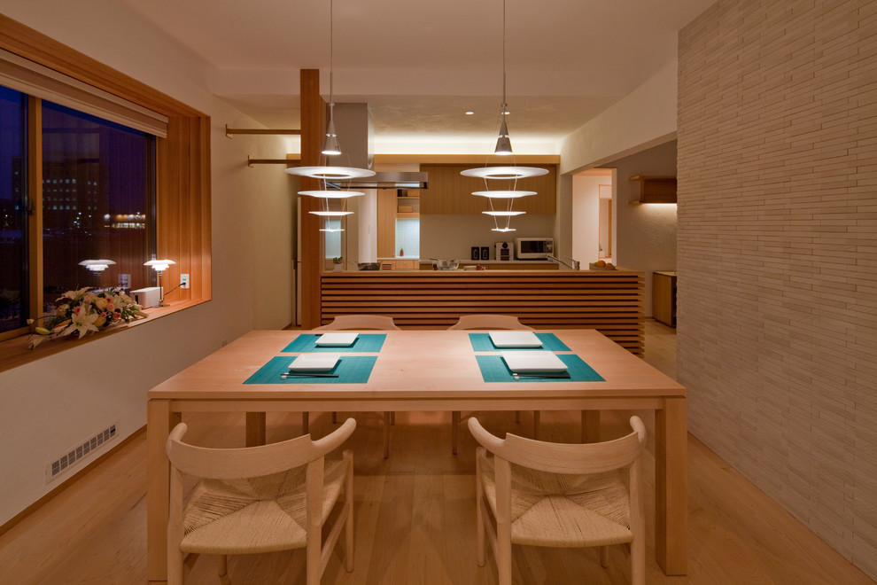 Large scandinavian open plan dining in Other with white walls, light hardwood floors and brown floor.