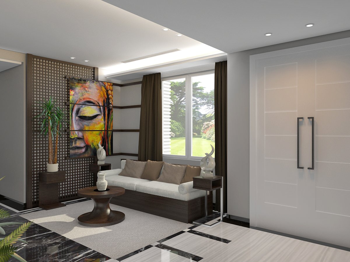 Холл домашнего офиса в азиатском стиле.