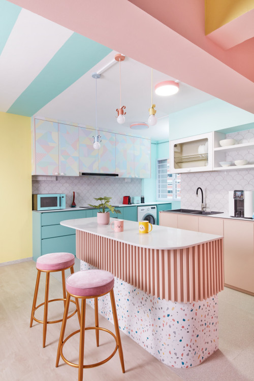 Mermaid Backsplash Tiles in Pastel Kitchen Design - Retro Kitchen Backsplash Ideas