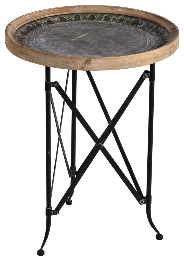 24.25" Black and Brown Classic Vintage Round Side Table Industrial