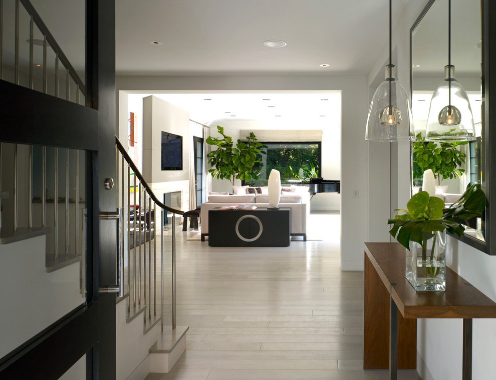 Inspiration for a mid-sized contemporary entry hall in Los Angeles with white walls and light hardwood floors.