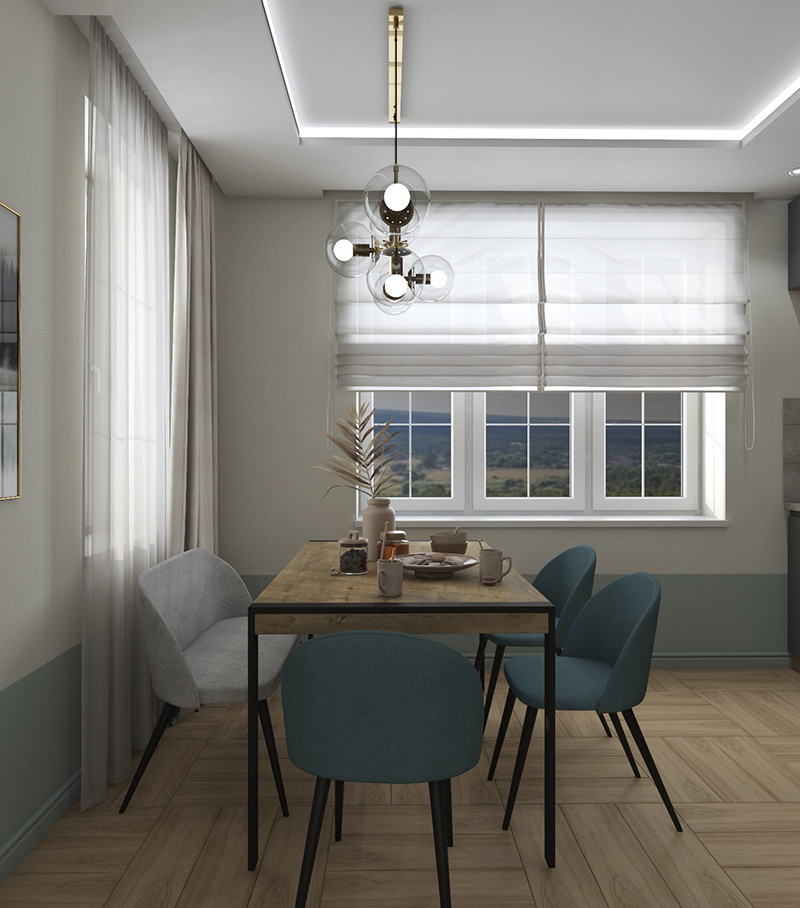 Интерьер кухни-столовой с гостиной в частном доме