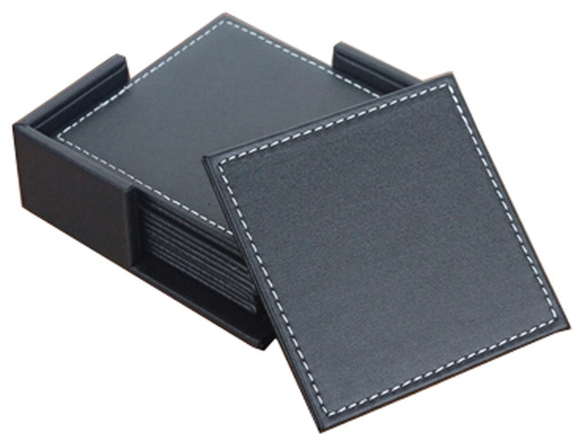 Set Of 6 Pu Leather Square Drink, Black Leather Coasters Square