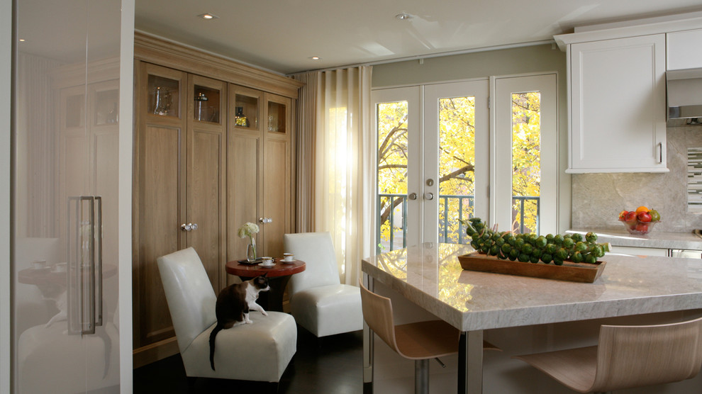 Example of a mid-sized transitional l-shaped enclosed kitchen design in Chicago with an undermount sink, recessed-panel cabinets, medium tone wood cabinets, marble countertops, stone slab backsplash, stainless steel appliances and an island
