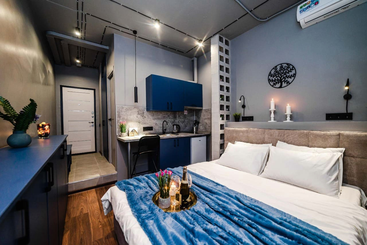 МИНИ Отели ЖК ОТРАЖЕНИЕ синий + бетон