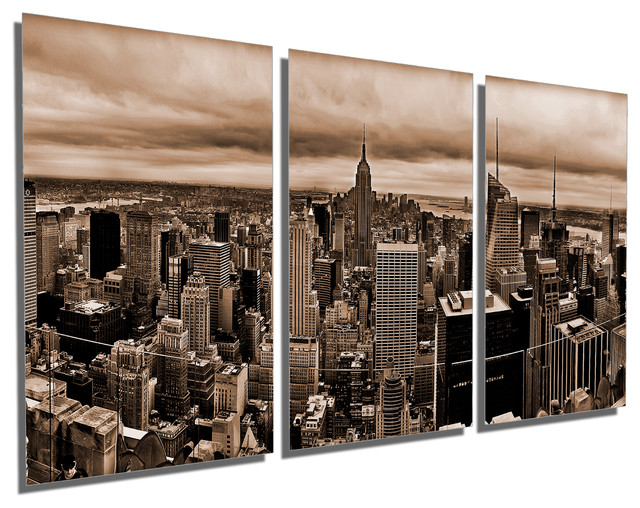 Sepia New York Skyline Metal Print Wall Art, 3 Panel Split, Triptych