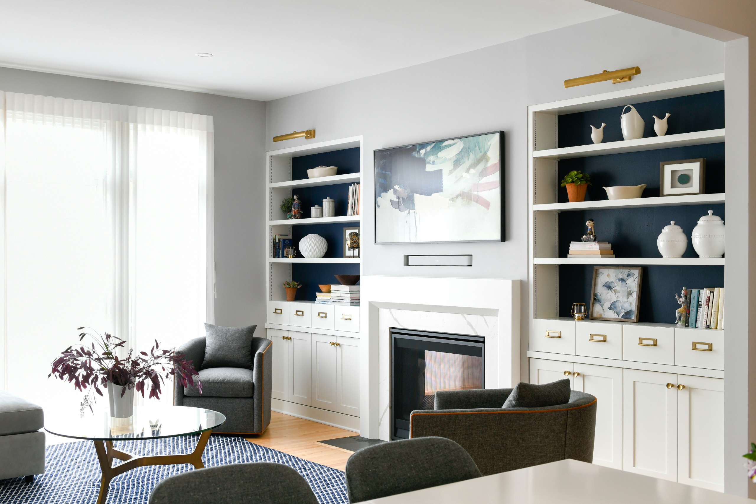 Blue, White and Gold Kitchen and Living Space