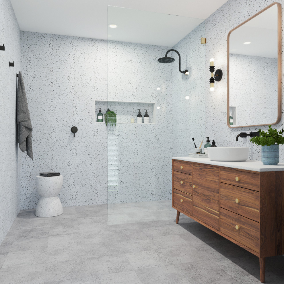 Inspiration for a mid-sized midcentury master bathroom in Brisbane with furniture-like cabinets, medium wood cabinets, an open shower, gray tile, ceramic tile, grey walls, cement tiles, a vessel sink, engineered quartz benchtops, grey floor and white benchtops.