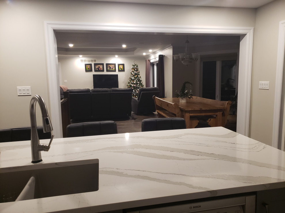 Mid-sized galley vinyl floor, brown floor and tray ceiling enclosed kitchen photo with an undermount sink, shaker cabinets, white cabinets, quartz countertops, white backsplash, subway tile backsplash, stainless steel appliances, an island and white countertops
