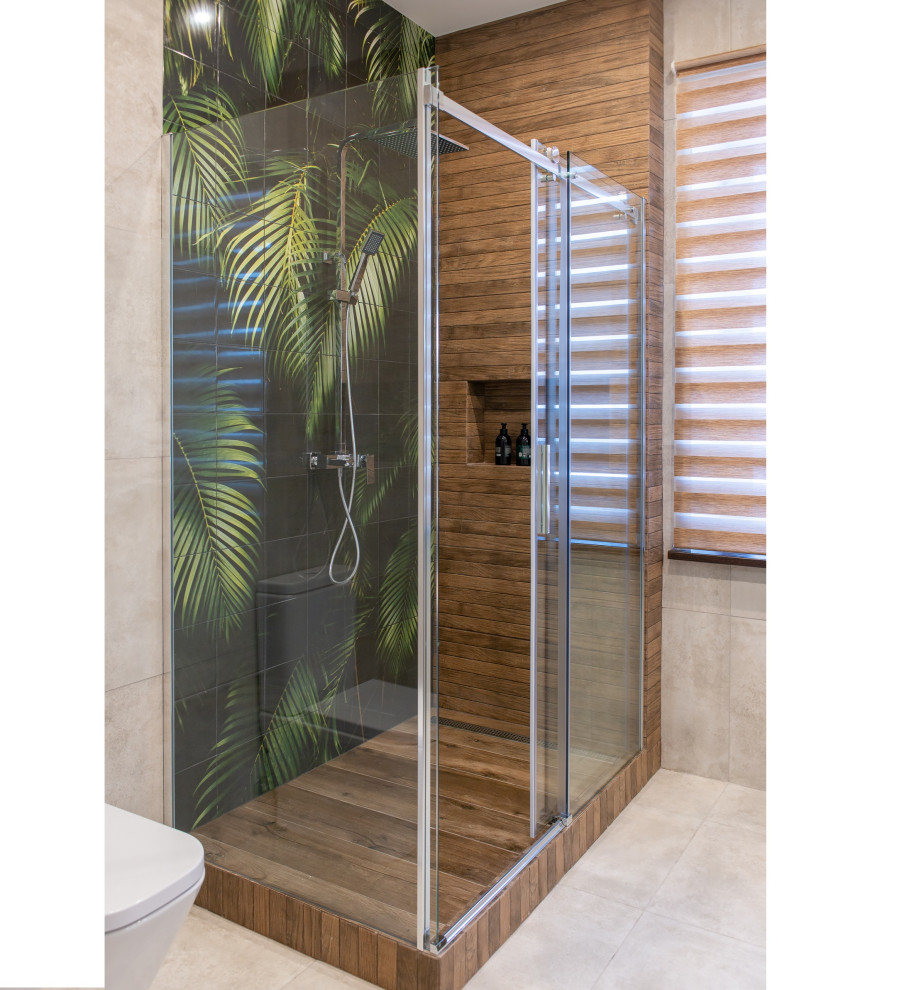 Medium sized contemporary shower room bathroom in Other with flat-panel cabinets, blue cabinets, a corner shower, beige tiles, wood-effect tiles, porcelain flooring, a built-in sink, engineered stone worktops, beige floors, a sliding door, white worktops, a laundry area, a single sink, a freestanding vanity unit and wood walls.