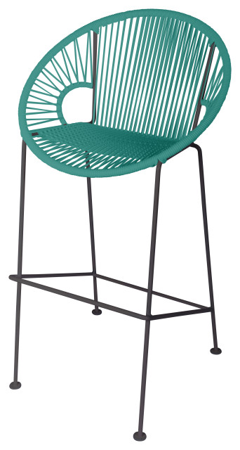 Puerto 31" Handmade Indoor/Outdoor Bar Height Stool With Black Frame, Turquoise Weave